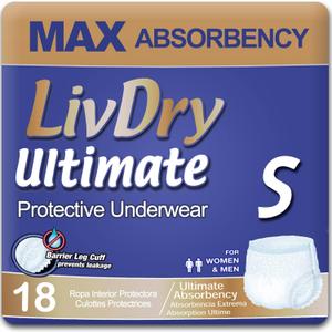 LivDry Ultimate Adult Incontinence Underwear, High Absorbency, Leak Cuff Protection, Small, 18-Pack