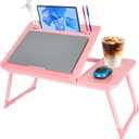 Laptop Bed Desk, Adjustable Lap Desk, Small Laptop Table with USB Charge Port, Desktop Card &Pen Slot, Cup Holder, Foldable Bed Tray Table for Couch Sofa Chair Floor Eating Working