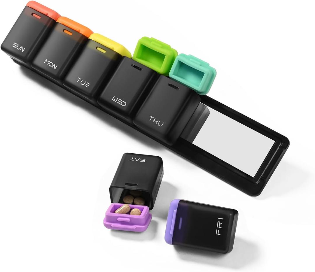 Fridge Magnetic Weekly Pill Organizer, Easy Open Daily Reminder Waterproof Pill Box for Vitamins, Travel & Daily Use (Black)