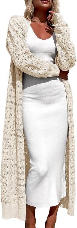 ZoeAce Womens Crochet Maxi Cardigan Sweaters Open Front Knit Long Sleeve Lightweight Duster Cardigan Casual Winter Outfits, Small