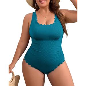 Charmo Plus Size Swimsuit for Women 2026 Tummy Control Scalloped Ribbed One Piece Swimsuits Ruched Modest Bathing Suit (2X, Teal)
