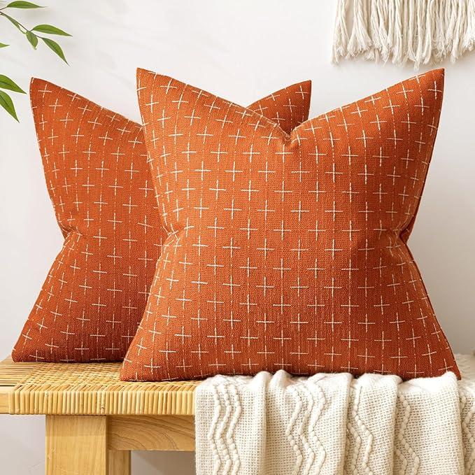 MIULEE Pack of 2 Decorative Burlap Linen Throw Pillow Covers Modern Farmhouse Pillowcase Rustic Woven Textured Cushion Cover for Sofa Couch Bed 18x18 Inch Burnt Orange
