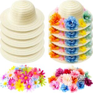 Mepase 70 Pcs DIY Cowboy Kids Hat Set with Flowers - 10 Straw Hats, 60 Artificial Flowers for Tea Party and Dress Up