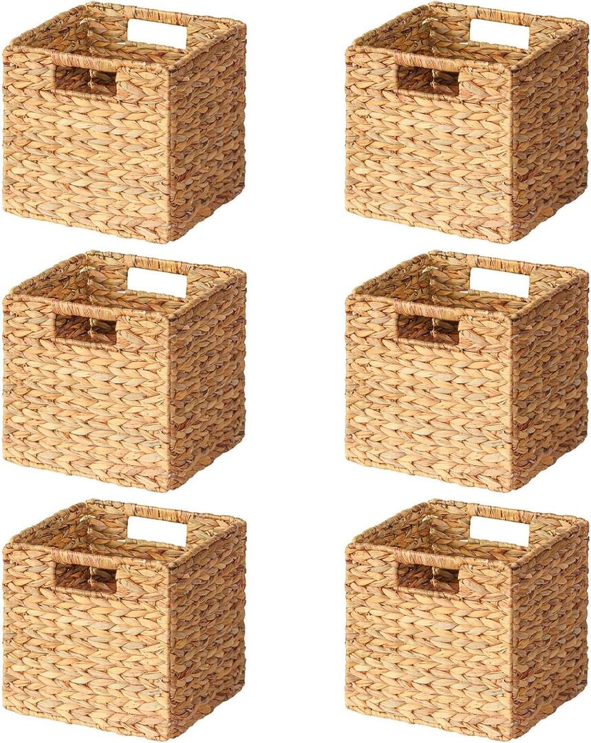 SpaceAid 6 Pack Wicker Basket, Storage Baskets for Organizing, Woven Rattan Basket with Handles for Shelves, Water Hyacinth Large Cube Organizer Storage Bin, 10.5x10.5x10.5 inch, Natural (6-Pack, 10.5x10.5x10.5in)