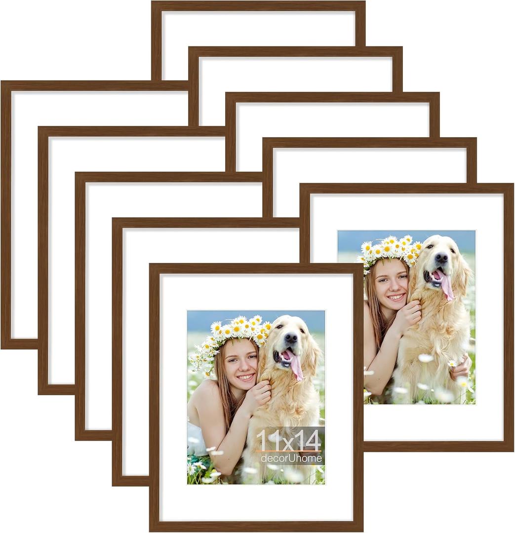 decorUhome 11x14 Picture Frame Set of 10, Display Photos 8x10 with Mat or 11x14 Unmatted for Picture Frames Collage Wall Decor, Brown