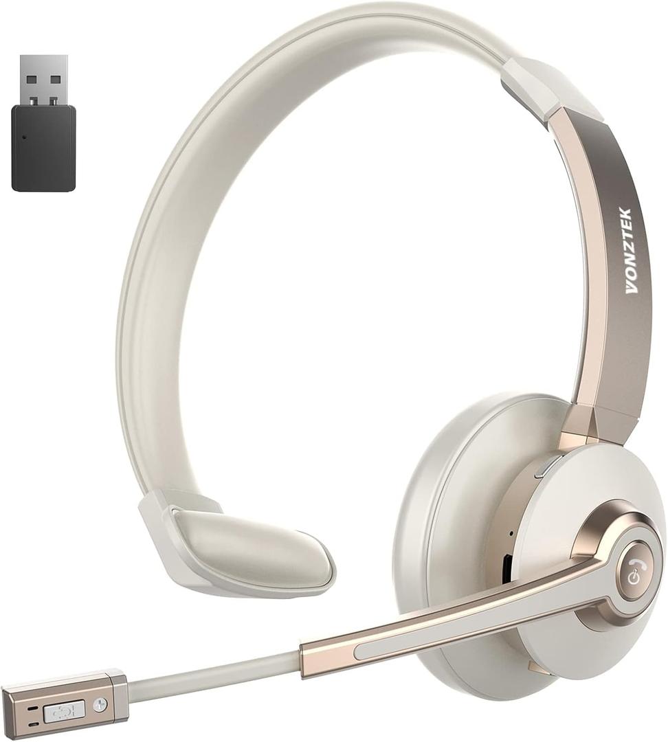 Wireless Headset, Bluetooth Headphones with Microphone Noise Canceling & USB Dongle, Singler-Ear Bluetooth Headset with Mic Mute for Cell Phone Computer Work Office Meetings Trucker Teams Skype Call (Champagne Gold & White)