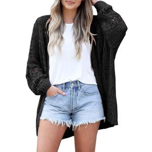 Mafulus Women's Crochet Cardigan Kimono Boho Long Sleeve Lightweight Soft Oversized Open Front Knitted Sweater (Large, Black)