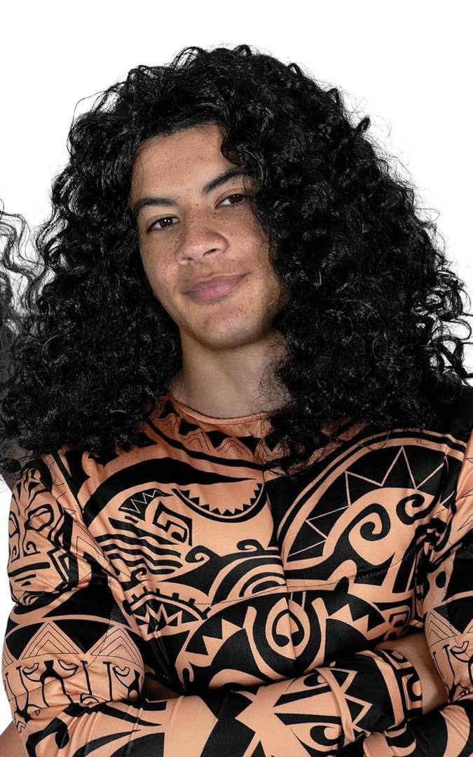 Morph Polynesian Curly Wig for Maui Role Play, Halloween Costume Hair for Men and Women, Black Cosplay Accessory, One Size