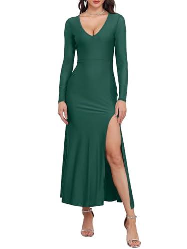 BWQ Women's Elegant V Neck Split Bodycon Dress Sheer Mesh Long Sleeve Cocktail Party Prom Maxi Dresses Green L