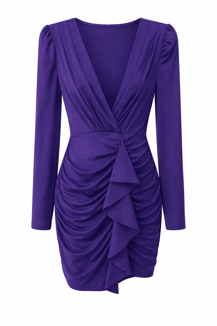 Women's Sexy V Neck Wrap Dress Long Sleeve Ruched Cocktail Party Bodycon Mini Dress, Small