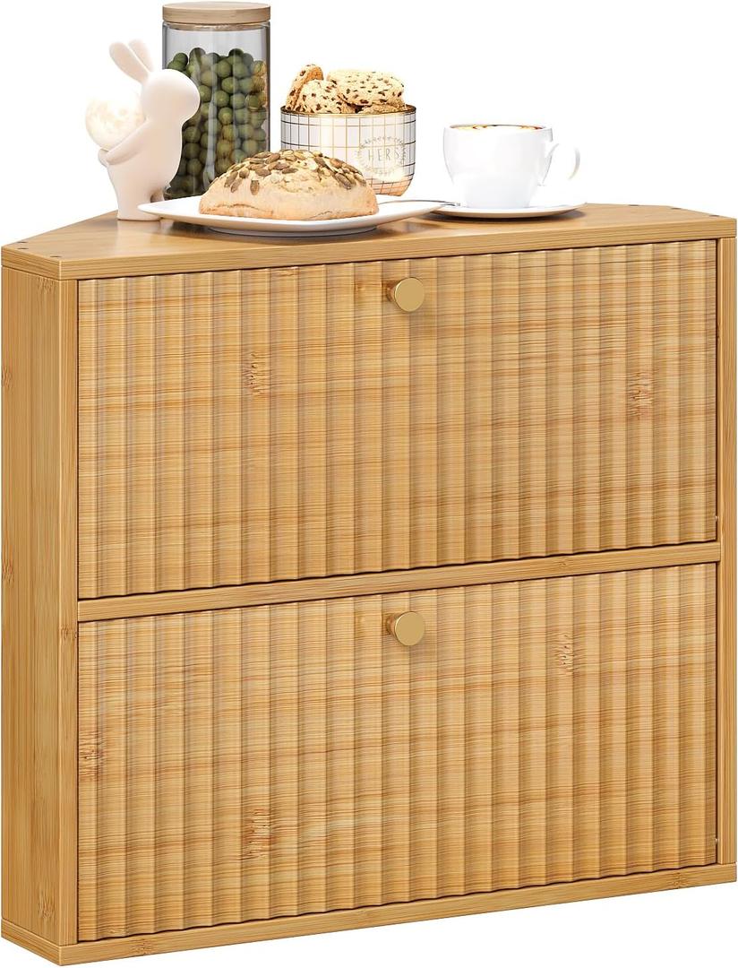 Corner Bread Box for Kitchen Countertop Bamboo Two Layer Large Capacity Bread Storage Bin Vintage Storage for Homemade Bread (Natural Bamboo)