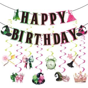 Pink & Green Birthday Party Decorations, Witch Happy Birthday Banner, Halloween Party Supplies, Movie Theme Photo Background Props for Halloween