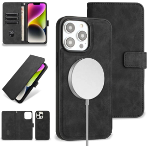 MGQILING Compatible with iPhone 13 Pro Max Wallet Case with Card Holder, Luxury Leather Case with Magnetic Detachable Phone case for Women Men, Durable Shockproof Protective Cover - Black
