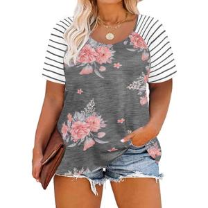 CARCOS Plus Size Tops for Women Short Sleeve Raglan Striped Tee Color Block Crewneck/V Neck Tunic Loose Fit Summer XL-5XL (XX-Large, A9s-grey)