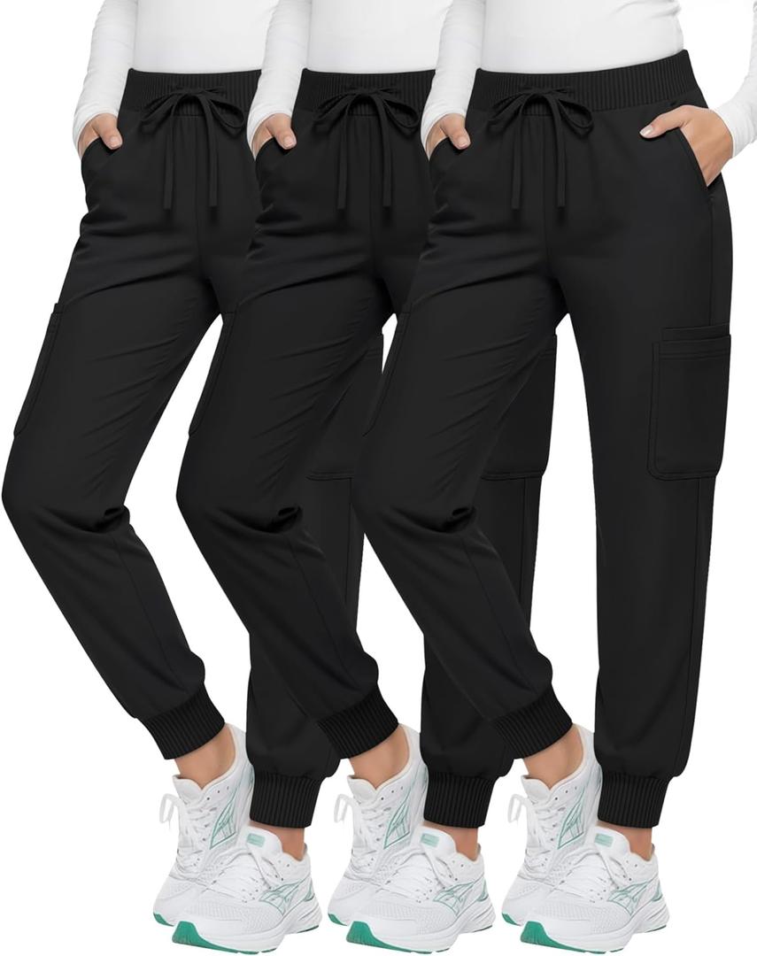 3 Pack Womens Scrub Pants Cargo Jogger Bottoms with Pockets Elastic Drawstring Waistband Soft Stretch Yoga Pants (Large, Black)