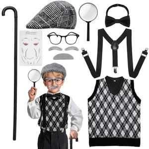 Skirfy Old Man Costume for Kids,100 Days of School Costume for Kids,Old Person Outfit for Boys,Grandpa Costume Size 150