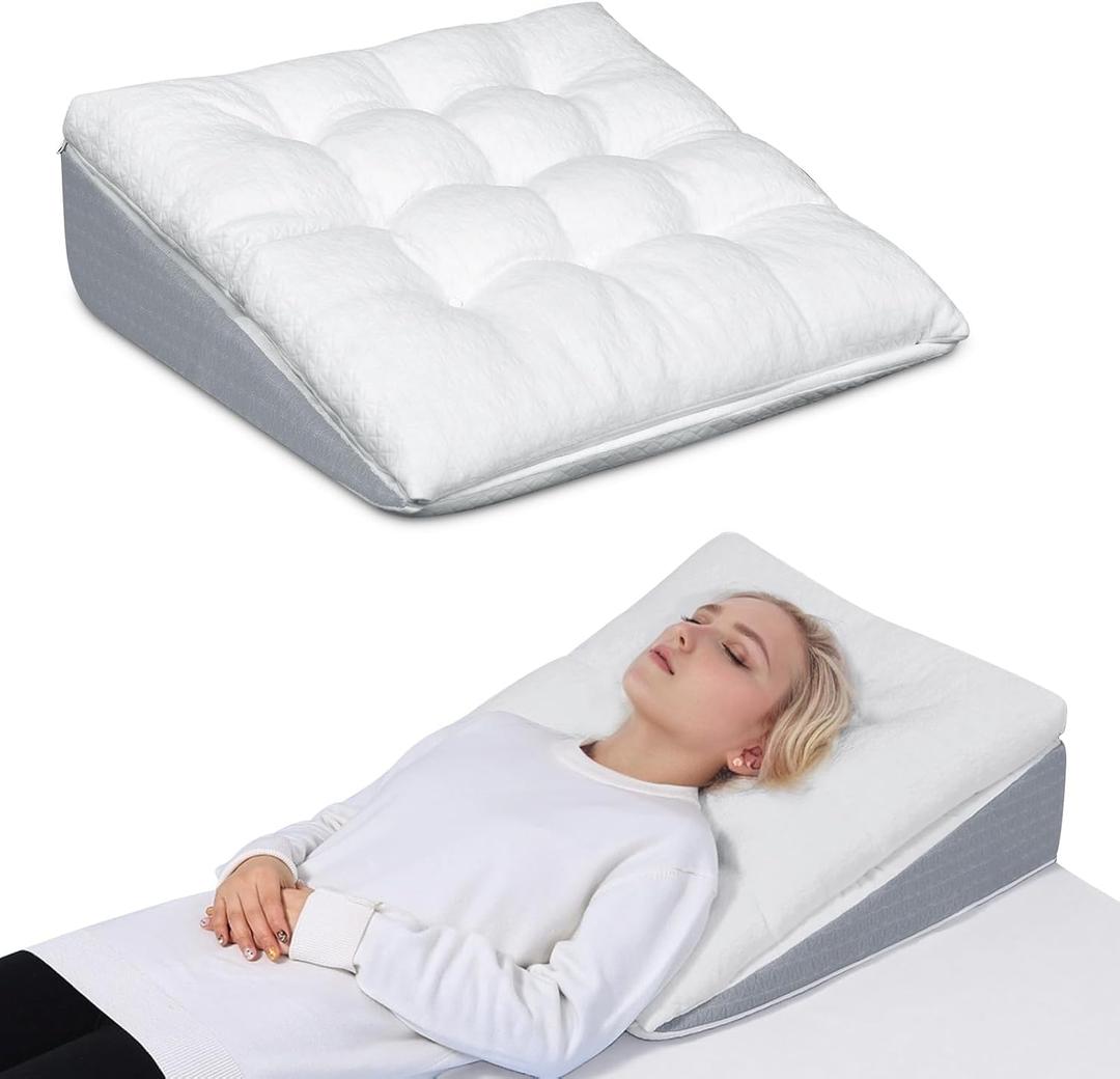 Bed Wedge Pillow for Sleep Apnea 7.5Inch Gerd Pillow Patent Dual Layer Triangle Pillow Adjustable Shredded Memory Foam Topper Soft Support Ideal for Acid Reflux, After Surgery, Snoring