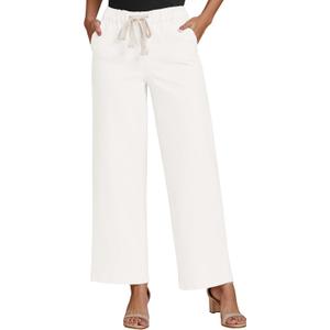 luvamia Wide Leg Jeans Woman High Waisted Trendy Pull On Elastic Waist Drawstring Stretchy Denim Jean Pants with Pockets (Small, Cream White)