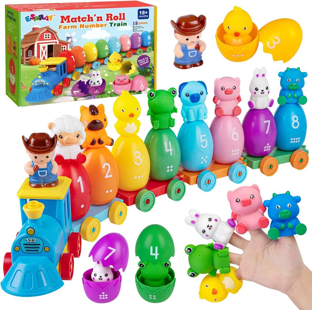 ESPRAY Toddler Learning Toys for 1 2 3 Years Old, Count Matching & Sorting Montessori Farm Train Set with 8 Farm Animals & 1 Farmer Finger Puppets, Christmas Easter Birthday Gifts for Baby Boys Girls