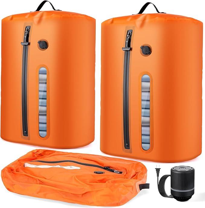 Vacuum Bags for Travel with Pump, Vacuum Packing Cubes for Travelers, Vacuum Seal Bags for Clothing, Reusable IP68 Waterproof Airless Travel Bags for Luggage, Backpack & Suitcase (Orange 2PC + Pump)