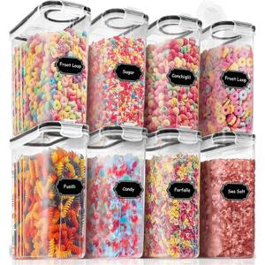 PRAKI Cereal Containers Storage Set (4L,135.2 Oz), 8PCS Airtight Food Storage Containers with Lids for Kitchen & Pantry Organizers and Storage, Cereal Dispensers with 20 labels, Measuring Cup & Marker
