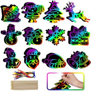 Max Fun Christmas Crafts Scratch Art for Kids, 96PCS Ornaments Rainbow Magic Color Scratch Off Cards Paper Hanging Art Craft Supplies Educational Toys Kit for Kid Party Favor