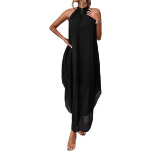 Verdusa Women's Wedding Guest Dress Halter Flowy Chiffon Asymmetrical Long Summer Prom Dress (Black, L)