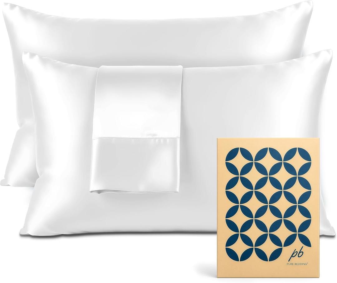 Pure Bedding Satin Pillowcase 2 Pack - Queen Size (20"x30", White) - Silky Pillow Cases for Hair and Skin - Satin Pillow Covers with Envelope Closure - Extra Soft Premium Microfiber