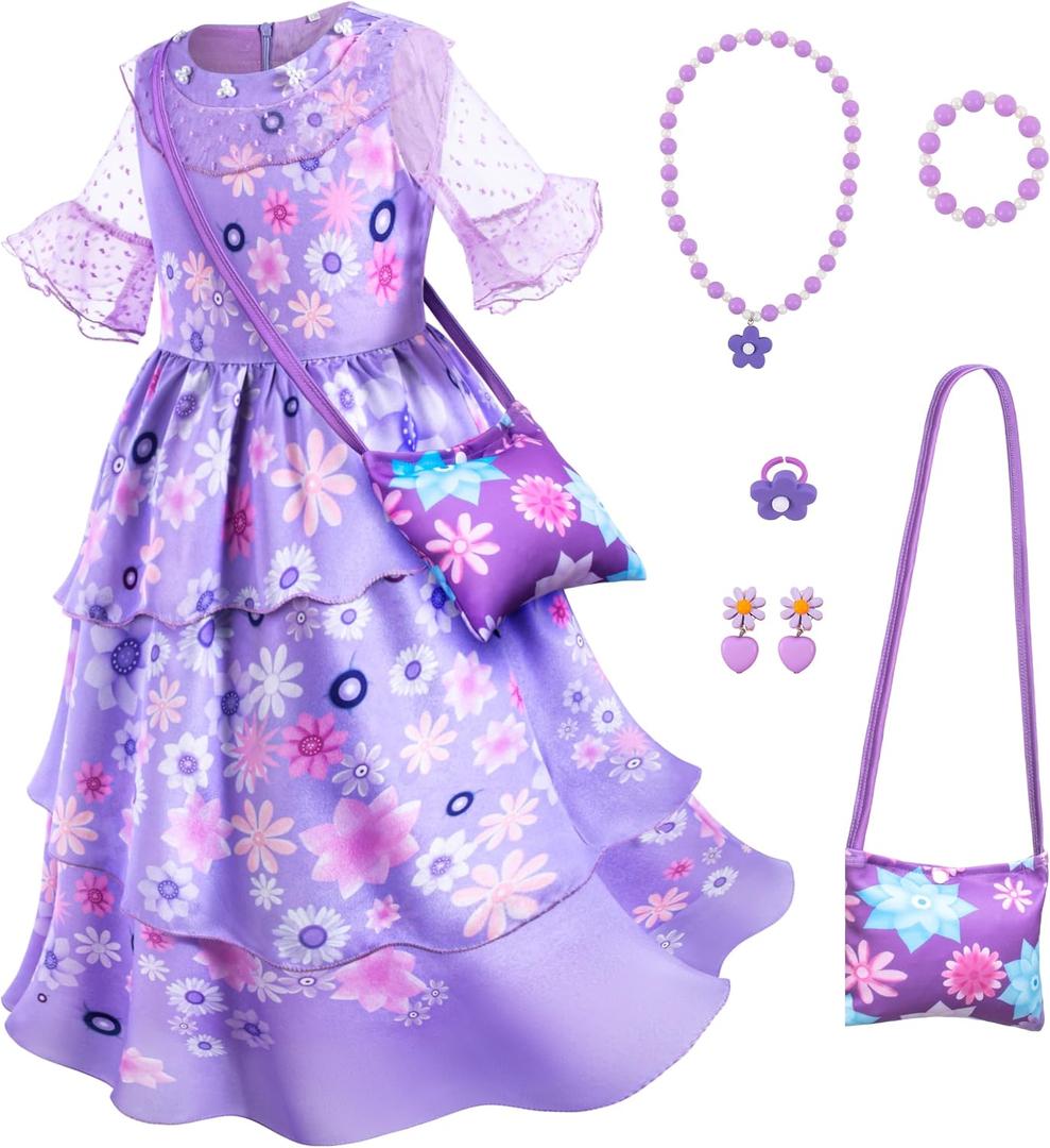 Purple Princess Costume Dress for Girls Birthday Halloween Party Dress Up with Bag Necklace Earrings Ring, Kids 130