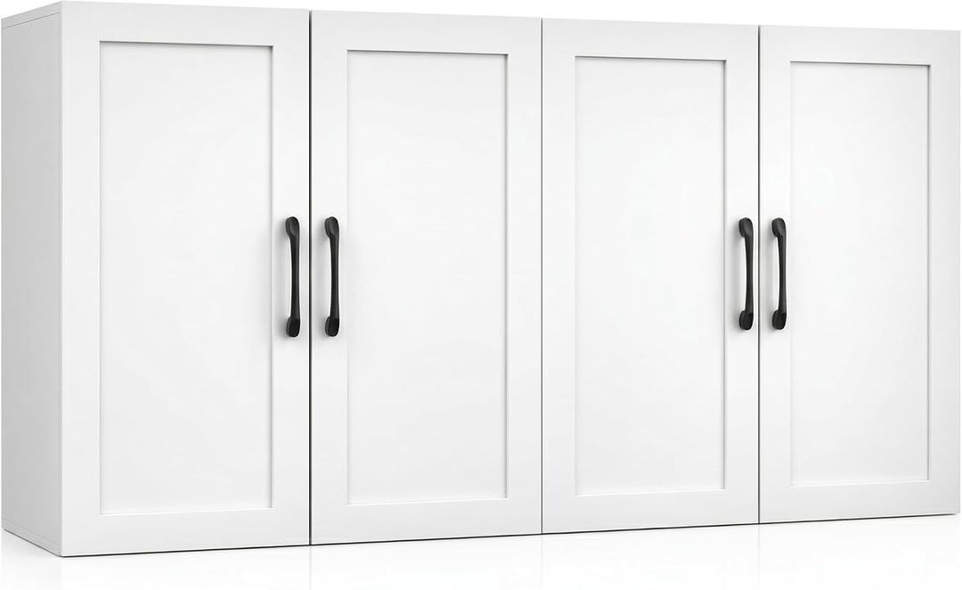 Wall Cabinet with Adjustable Shelves, Laundry Room Cabinet with 4 Doors, Kitchen Storage Cupboard Cabinet, Wall Mount Medicine Cabinet for Bathroom, Living Room, White