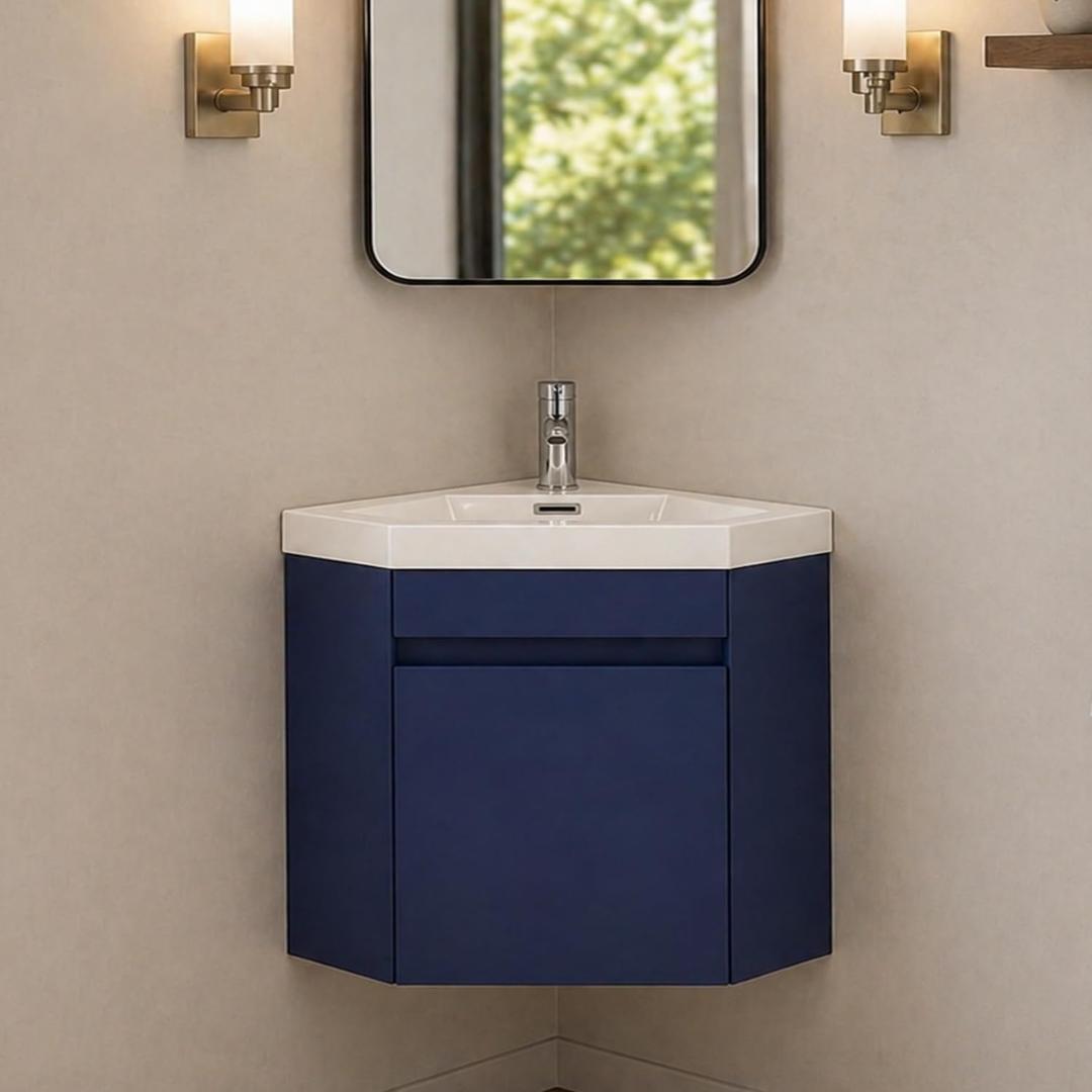 wonline 22" Corner Bathroom Vanity Sink Combo for Small Space Wall Mounted Cabinet Set Design Navy Resin Basin Sink Top Chrome Faucet and Drain