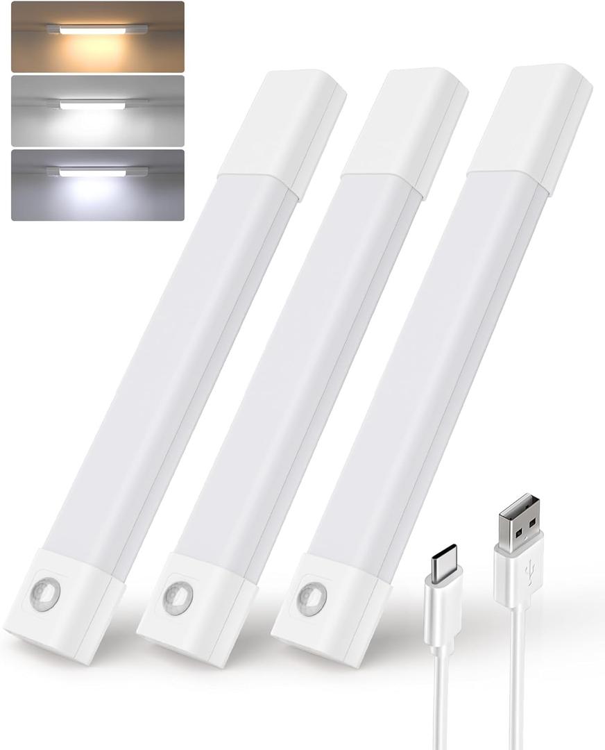 EZVALO Closet Lights, 30 LED Rechargeable Under Cabinet Lighting Wireless, 3 Color Temps Under Cabinet Lights, Dimmer Motion Sensor Light Indoor for Pantry, Kitchen, Bedroom, Woadrobe (3 Pcs) (8inch-3Pack, White)