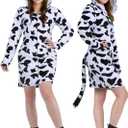 Animal Hoodie Costume Dress for Women - Plush Fitted Halloween Cosplay Outfit with Hood, Tail & Pockets (Medium, Sexy Cow)