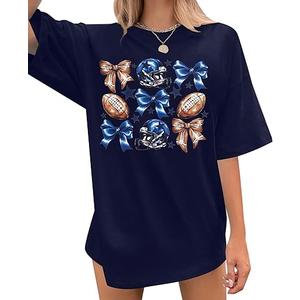 FASHGL Game Day T-Shirt Women Football Mom Shirts Oversize Funny Coquette Bow Tee Casual Sunday Funday Tops, Dark Blue, XXL