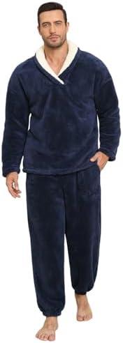 Uikue Mens Pajamas Set Long Sleeve Soft Fleece Fluffy Sleepwear Winter Warm Pjs Lounge Sets Flannel Sleepwear with Pockets, XXL