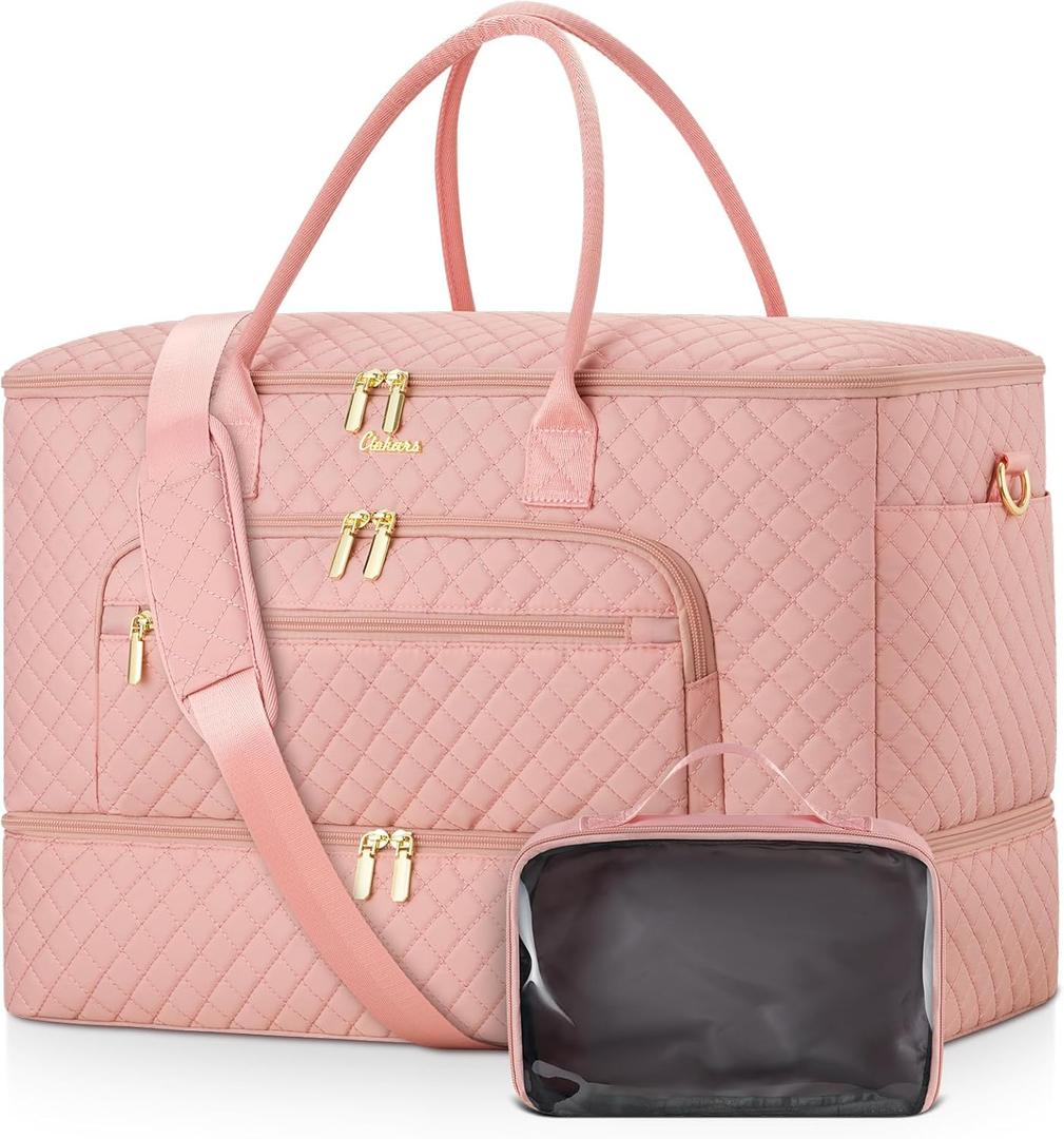 Travel Duffle Bag, Wide Open Large Weekender Bag for Women with Shoe Compartment, Carry on Overnight Bags with Toiletry Bag, Hospital Bag for Women Labor Delivery with Wet Pocket (Pink) (45L)