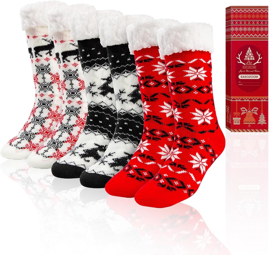 3 Pairs Christmas Fuzzy Warm Slipper Socks for Women,Soft Sherpa Fleece Lining Socks with Grippers Non Slip,One Size (Multicolor)