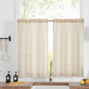 jinchan Boho Kitchen Curtains Linen Tier Curtains 36 Inches Bohemian Cafe Small Drapes Striped Mudcloth Farmhouse for Bathroom RV Camper Light Filtering Rod Pocket 2 Panels Taupe on Beige