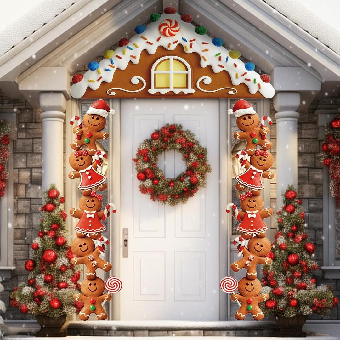Moukeren Christmas Door Decorations, 3 Pcs Gingerbread Man Party Porch Banner Set with Cute Candy and Cookie Design, PVC Hanging Rope, Holiday Door Frame Decor for Christmas Classroom and Winter Party