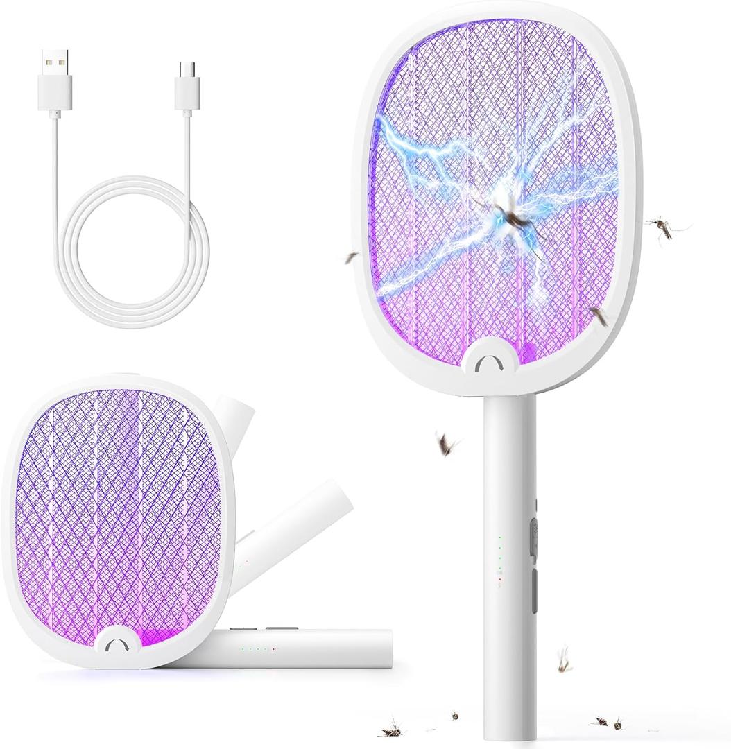 YISSVIC Electric Fly Swatter Foldable Bug Zapper Racket 2 in 1 Mosquito Killer with Purple Attractant Light Rechargeable 1800mAh for Indoor Home Backyard Patio Camping (White)