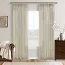 98 Inch Beige Linen Pinch Pleated Curtains 2 Panels for Living Room Bedroom Memory Training Shaped Semi Sheer Light Tan Pinch Pleat Drapes with Hooks Rings Light Filtering Window Curtain 50x98