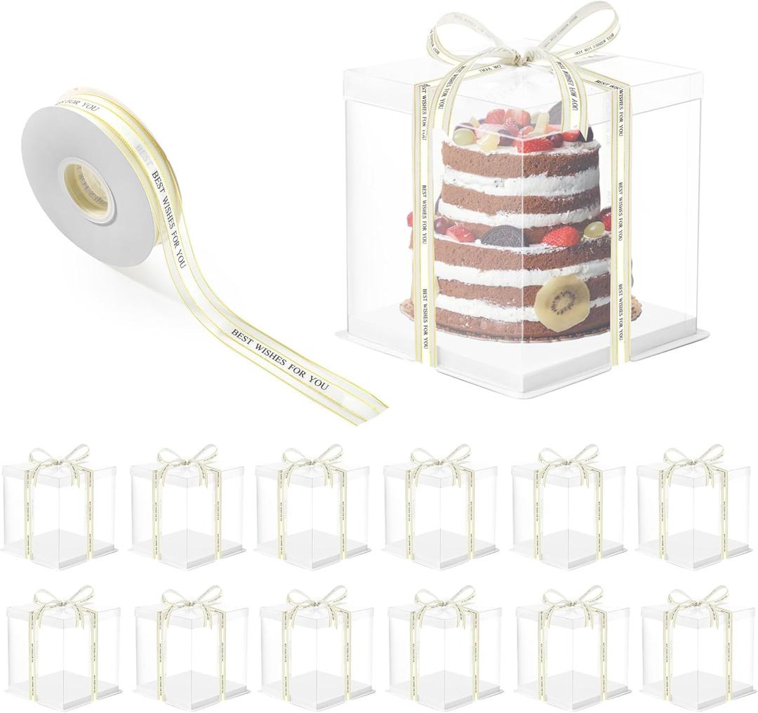 YEUIKERR 12 Pcs Clear Cake Box 7x7x8 Inch Cake Packaging Boxes, Tall Cake Box with Lid and Ribbon, Transparent Cake Box for Bakery, Wedding Birthday Party