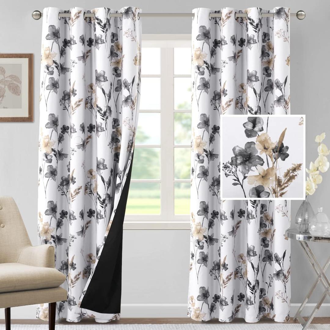 H.VERSAILTEX 100% Blackout Curtains 96 inch Length 2 Panels Set Cattleya Floral Printed Drapes Leah Floral Thermal Curtains for Bedroom with Black Liner Sound Proof Curtains, Grey and Taupe