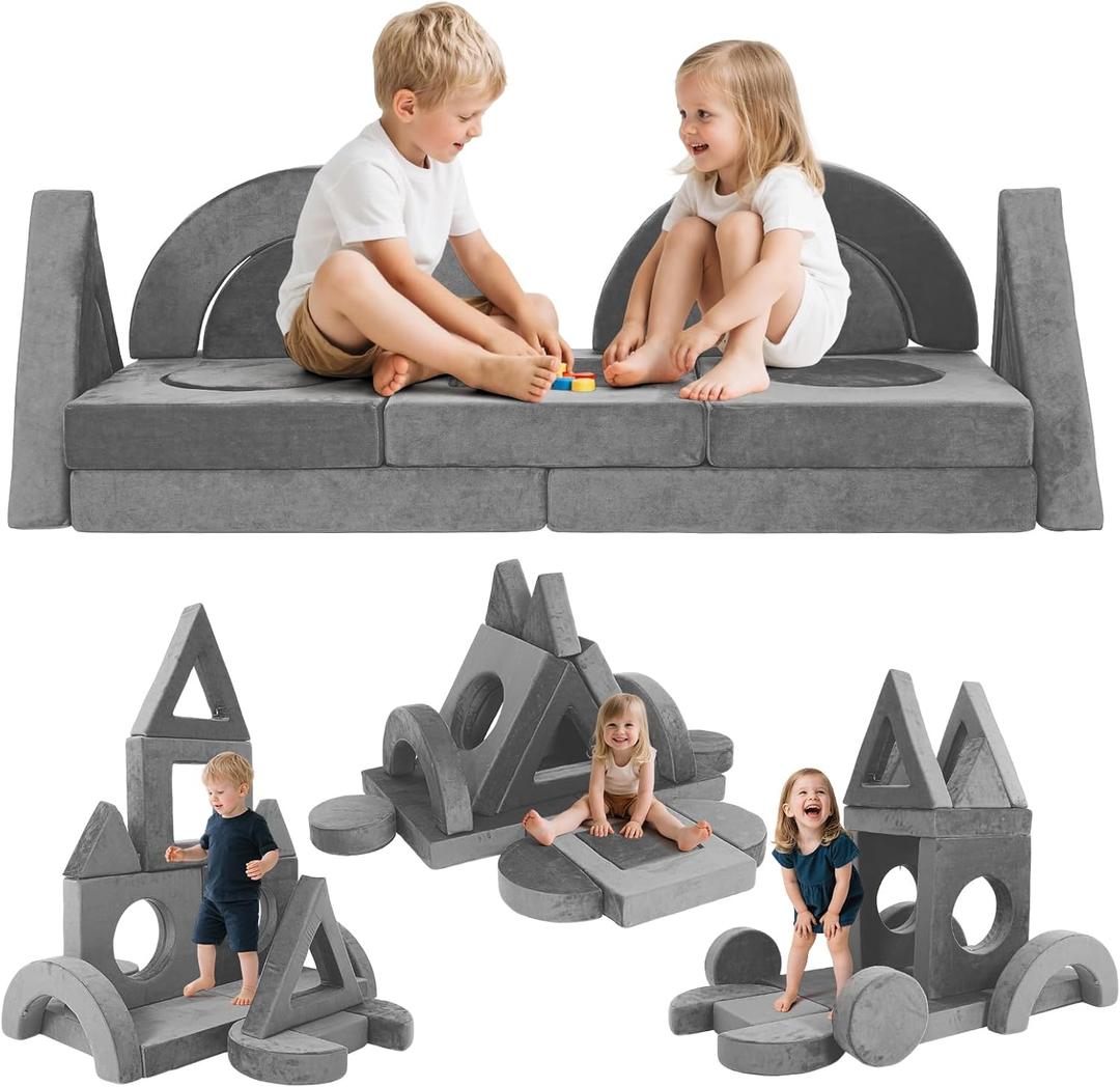 Modular Kid Play Couch 16Pcs Kids Couch Convertible Sofa Multifunctional Toddler Sofas Building Fort for Inspiring Children Creativity for Bedroom Playroom and Living Rooms (Dark Grey)