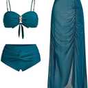 Milumia Women's 3 Piece Bikini Set Metal Decor Twisted Ruched Spaghetti Strap Bathing Suit with Cover Up Skirt Size M