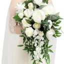 Ling's Moment White Bridal Bouquet Cascading, Ivory Wedding Bouquets for Bride, 15 Inch Bride Bouquets for Wedding Artificial Flowers Bouquets