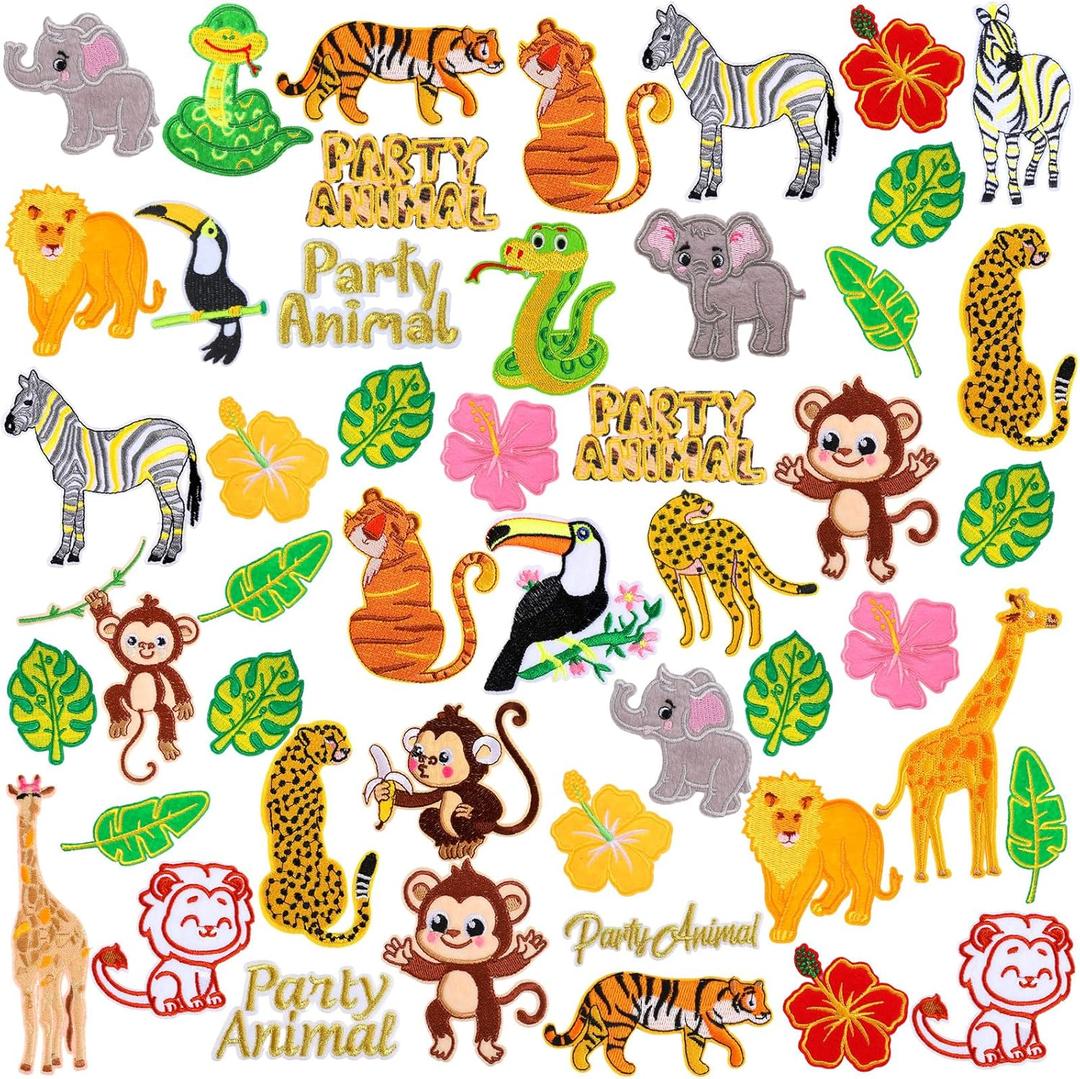 Riceshoot 48 Pcs Animals Embroidered Patches Mixed Animal Iron on Patches Lion Giraffe Tiger Snack Elephant Monkey Leaf Embellishments Sew Applique for DIY Shoes Clothes
