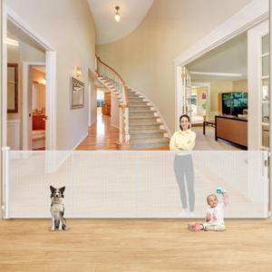 Reinforced 42 Extra Tall X 159 Extra Wide Retractable Gate Indoor Prevent Kids and Pets from Getting Through Tall Retractable Baby Gates for Doorways Pet Gates for Wide Openings Mesh Baby Gate White