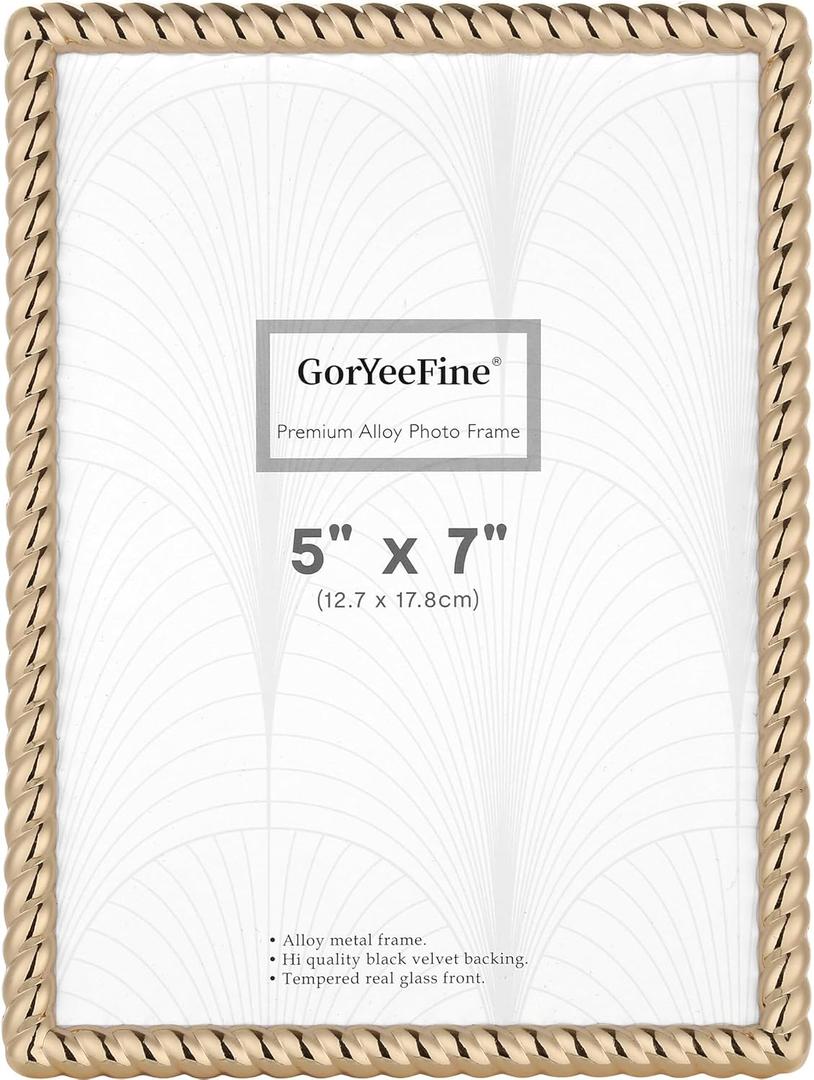 High-End Zinc Alloy 5x7'' Gold Photo Frames - Modern Rope Profile,Elegant Velvet Backing & Tempered Glass Front for Weddings & Home Decor,Classhy Metal Frame for Table Top and Wall Hanging