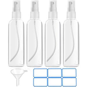 4 Pack 3.4 Oz (100ml) Small Spray Bottles, TSA Approved Travel Bottles for Toiletries with Labels - Fine Mist, Refillable, Reusable, Leak Proof